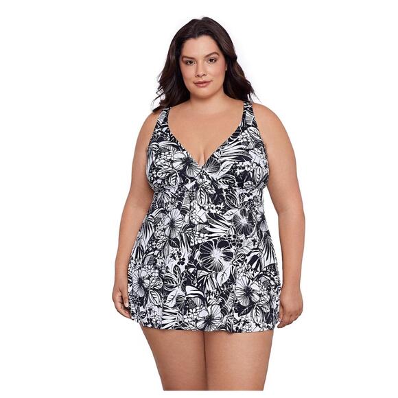 NWT Swim Solutions Swimdress Womens 20W Black White Floral Plus Size V Neck - Picture 1 of 9